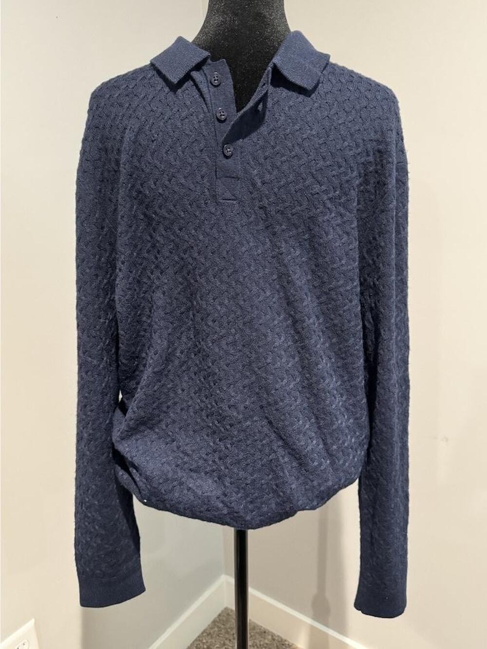 Geoffrey Beene Sweater Sz M Blue Geometric Textured Collared Pullover Preppy